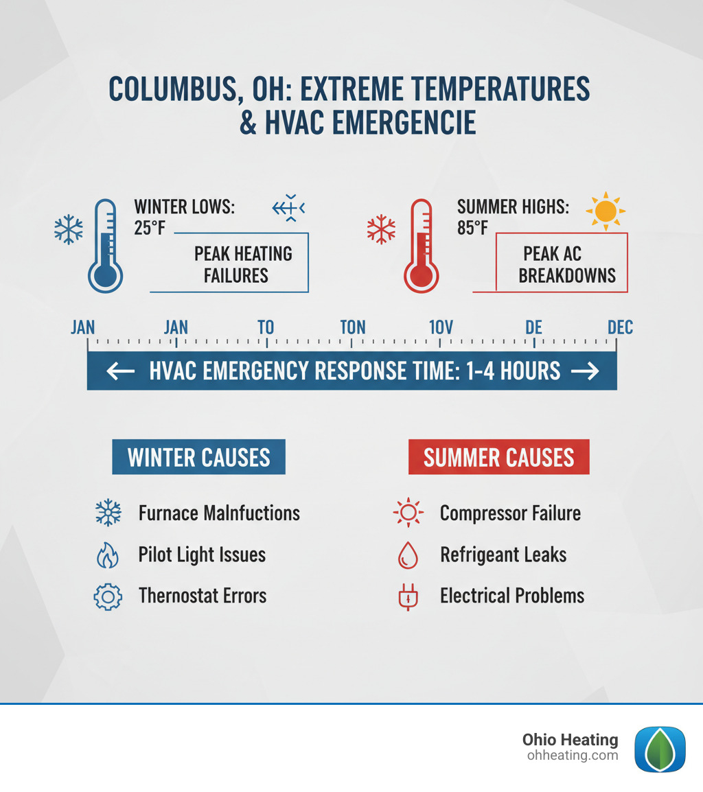 Infographic showing Columbus Ohio's extreme temperature ranges throughout the year, from 25°F winter lows to 85°F summer highs, with indicators for peak HVAC emergency seasons in winter (heating failures) and summer (AC breakdowns), plus average response times for emergency HVAC services and common causes of system failures during extreme weather - emergency heating and air conditioning repair columbus ohio infographic Infographic showing Columbus Ohio's extreme temperature ranges throughout the year, from 25°F winter lows to 85°F summer highs, with indicators for peak HVAC emergency seasons in winter (heating failures) and summer (AC breakdowns), plus average response times for emergency HVAC services and common causes of system failures during extreme weather - emergency heating and air conditioning repair columbus ohio infographic