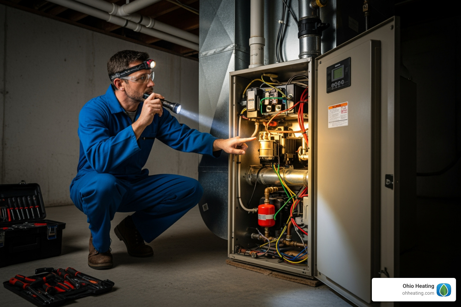 Professional HVAC technician inspecting a furnace - Forced air furnace maintenance Professional HVAC technician inspecting a furnace - Forced air furnace maintenance