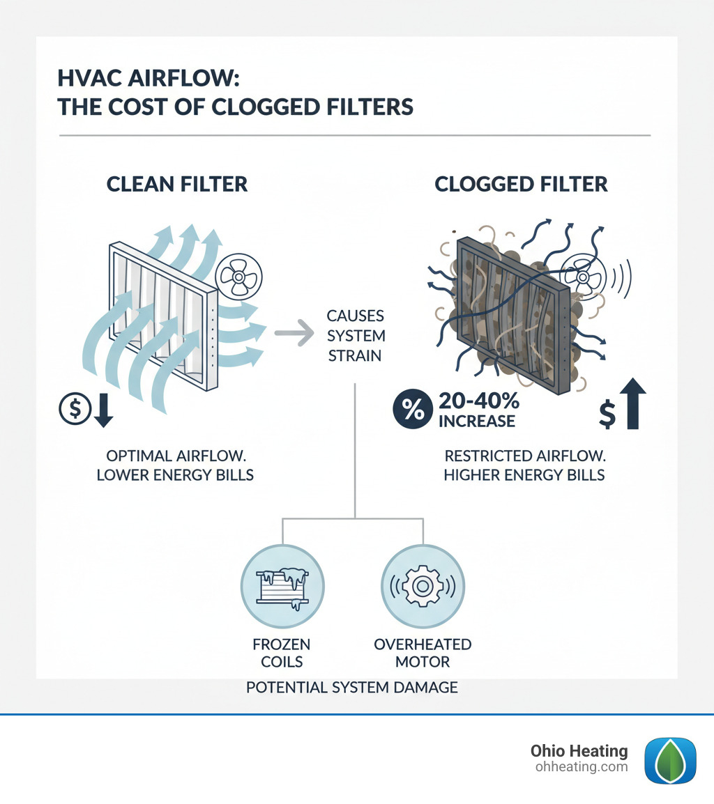 Infographic showing how a clogged HVAC filter restricts airflow through the system, causing the blower motor to work harder, increasing energy consumption, raising utility bills, and potentially leading to system damage or failure. Includes visual comparison of clean vs. dirty filter airflow, energy cost increase percentage, and common damage points like frozen coils and overheated motors. - HVAC filter replacement service infographic Infographic showing how a clogged HVAC filter restricts airflow through the system, causing the blower motor to work harder, increasing energy consumption, raising utility bills, and potentially leading to system damage or failure. Includes visual comparison of clean vs. dirty filter airflow, energy cost increase percentage, and common damage points like frozen coils and overheated motors. - HVAC filter replacement service infographic