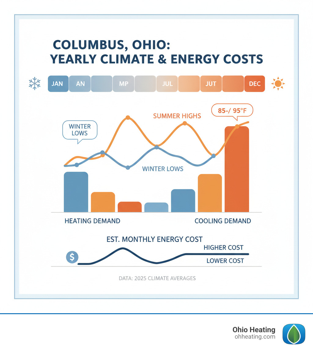 infographic showing Columbus Ohio seasonal temperature extremes with average winter lows in the 20s and summer highs in the mid-80s to mid-90s, illustrating monthly heating and cooling demands and corresponding energy cost variations throughout the year - quality air heating and cooling columbus ohio infographic 