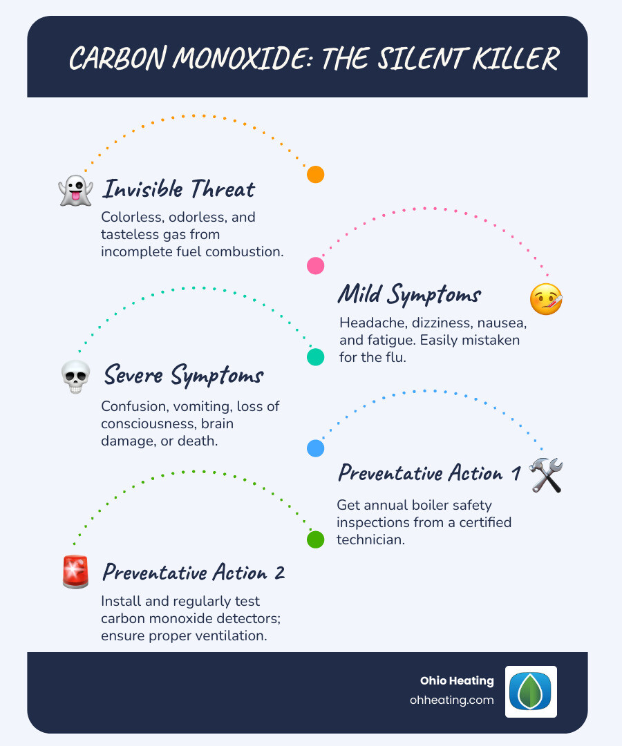 Infographic showing the progression of carbon monoxide poisoning symptoms from mild (headache, dizziness, nausea) to severe (loss of consciousness, death), along with prevention methods including annual boiler inspections, proper ventilation, and CO detector installation - Boiler safety check infographic infographic-line-5-steps-blues-accent_colors Infographic showing the progression of carbon monoxide poisoning symptoms from mild (headache, dizziness, nausea) to severe (loss of consciousness, death), along with prevention methods including annual boiler inspections, proper ventilation, and CO detector installation - Boiler safety check infographic infographic-line-5-steps-blues-accent_colors