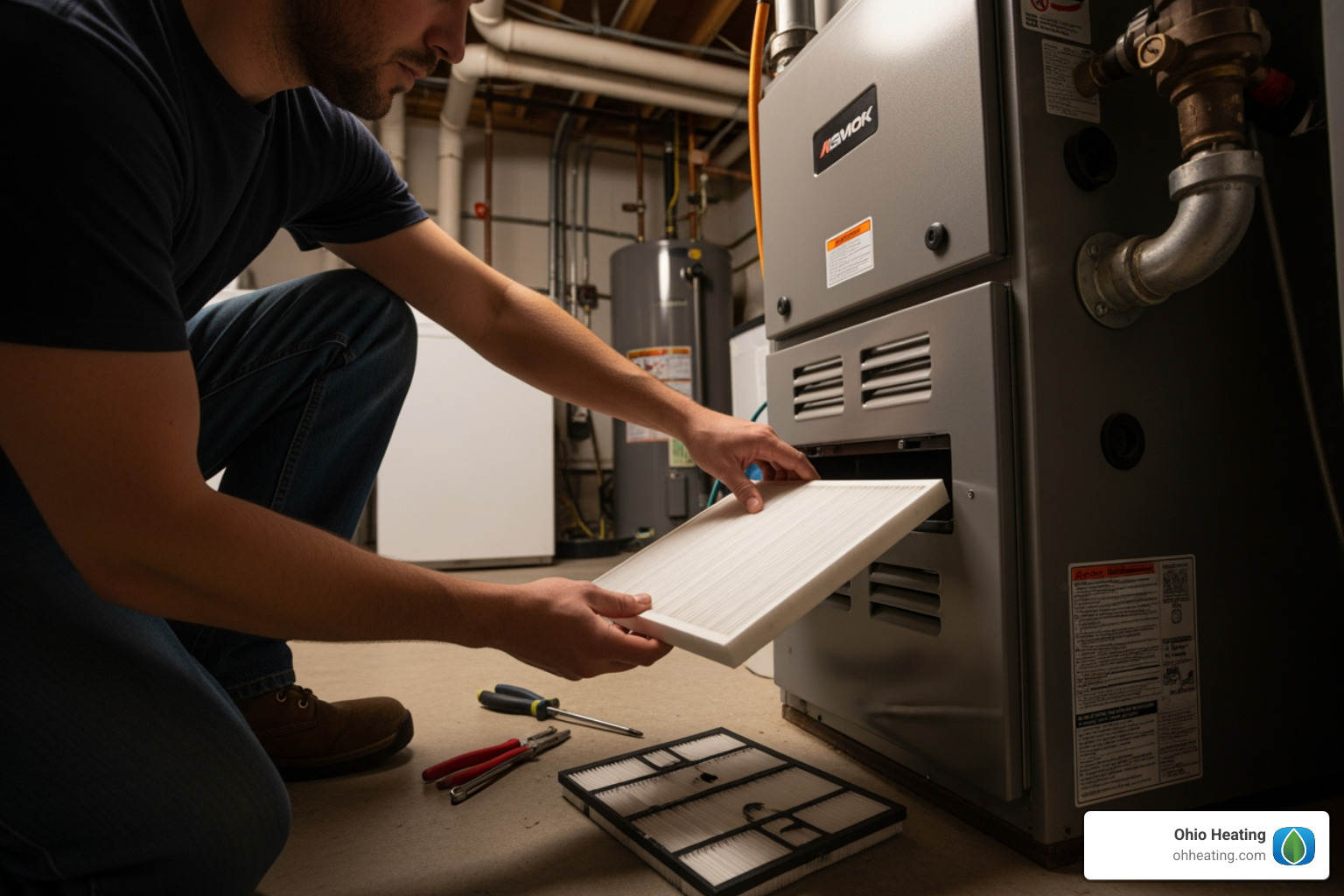 Homeowner changing their furnace air filter - furnace repair belpre oh Homeowner changing their furnace air filter - furnace repair belpre oh