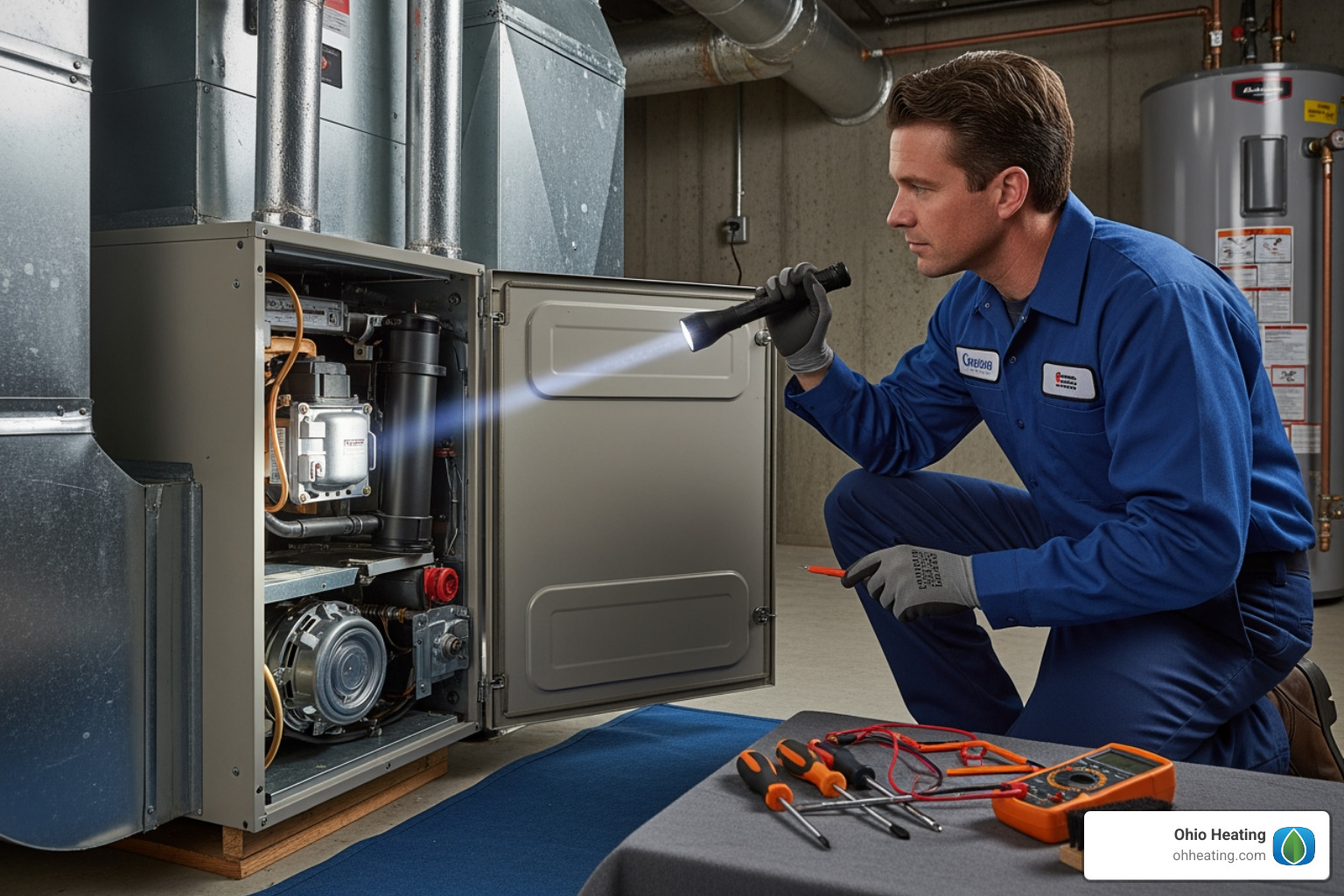 Technician inspecting a furnace unit - furnace repair belpre oh Technician inspecting a furnace unit - furnace repair belpre oh