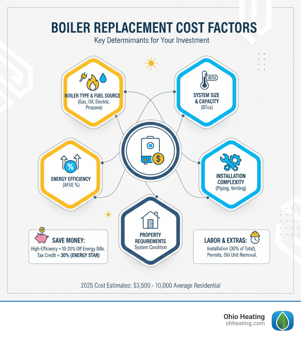 infographic explaining the main factors that determine boiler replacement cost - Boiler replacement cost infographic 