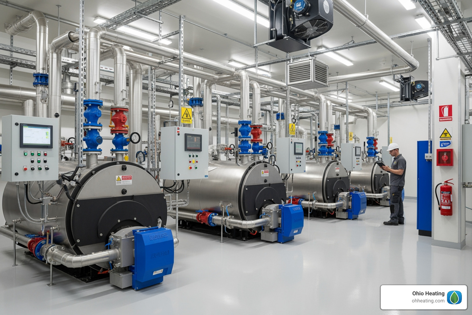 Clean, modern commercial boiler room with multiple boilers - Heating solutions for businesses Clean, modern commercial boiler room with multiple boilers - Heating solutions for businesses