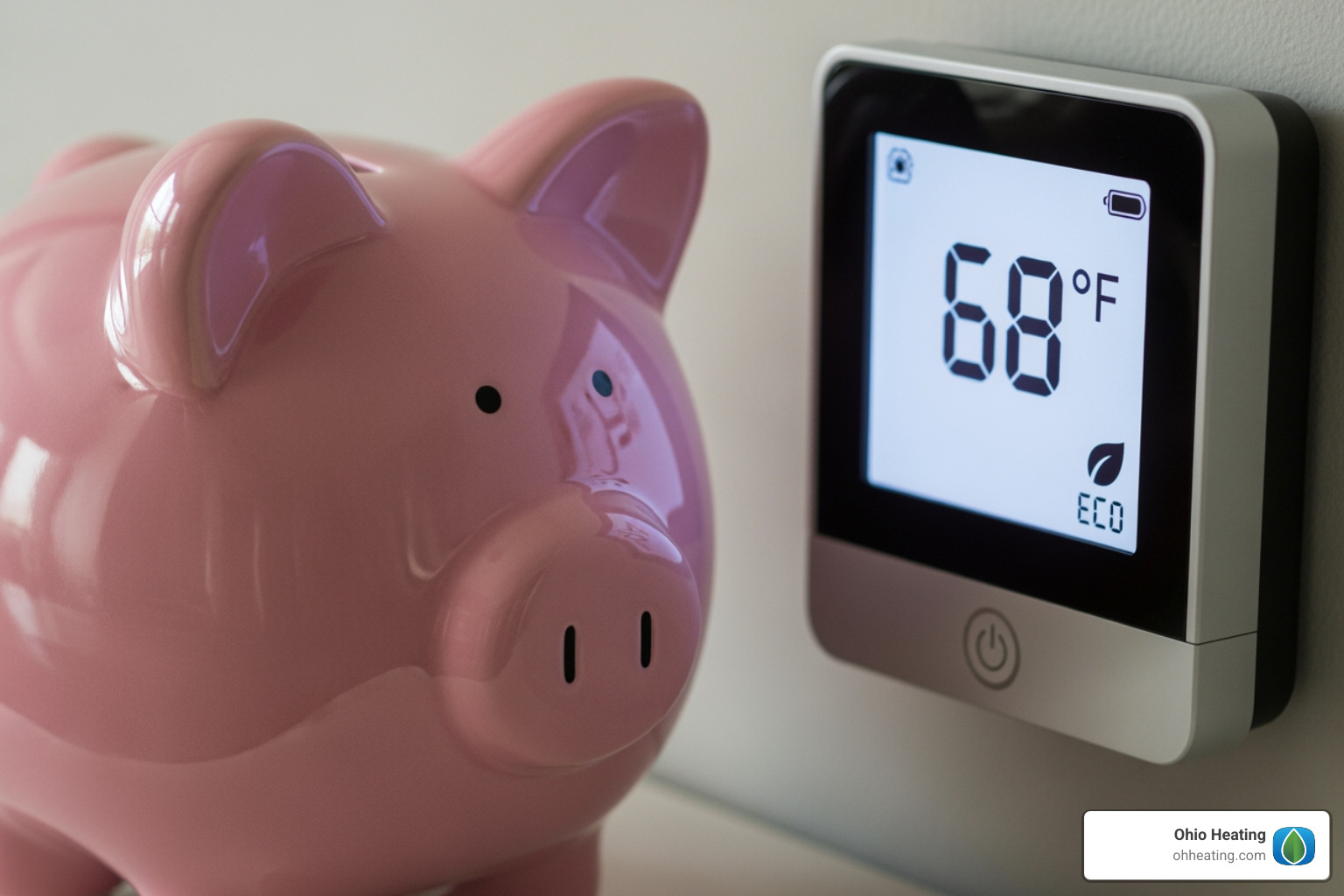 Image of a piggy bank next to a thermostat showing a lower temperature setting - Energy efficient boilers