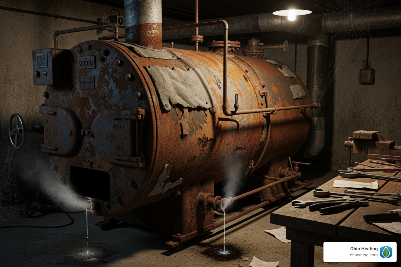 Image of an old, inefficient boiler with visible rust or wear - Energy efficient boilers