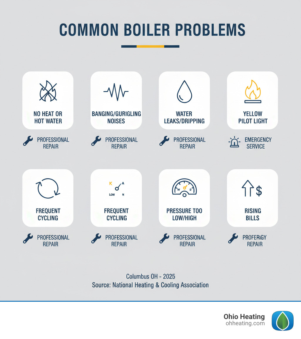 Infographic explaining common boiler problems: no heat or hot water, strange banging or gurgling noises, water leaks or dripping, yellow pilot light instead of blue, frequent system cycling, pressure gauge reading too low or too high, and rising energy bills - with icons indicating when to call for professional repair versus when emergency service is needed - Boiler repair Columbus OH infographic Infographic explaining common boiler problems: no heat or hot water, strange banging or gurgling noises, water leaks or dripping, yellow pilot light instead of blue, frequent system cycling, pressure gauge reading too low or too high, and rising energy bills - with icons indicating when to call for professional repair versus when emergency service is needed - Boiler repair Columbus OH infographic