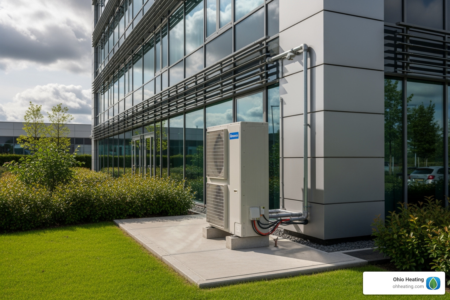 Commercial heat pump unit installed outside a modern business building - Heating solutions for businesses Commercial heat pump unit installed outside a modern business building - Heating solutions for businesses