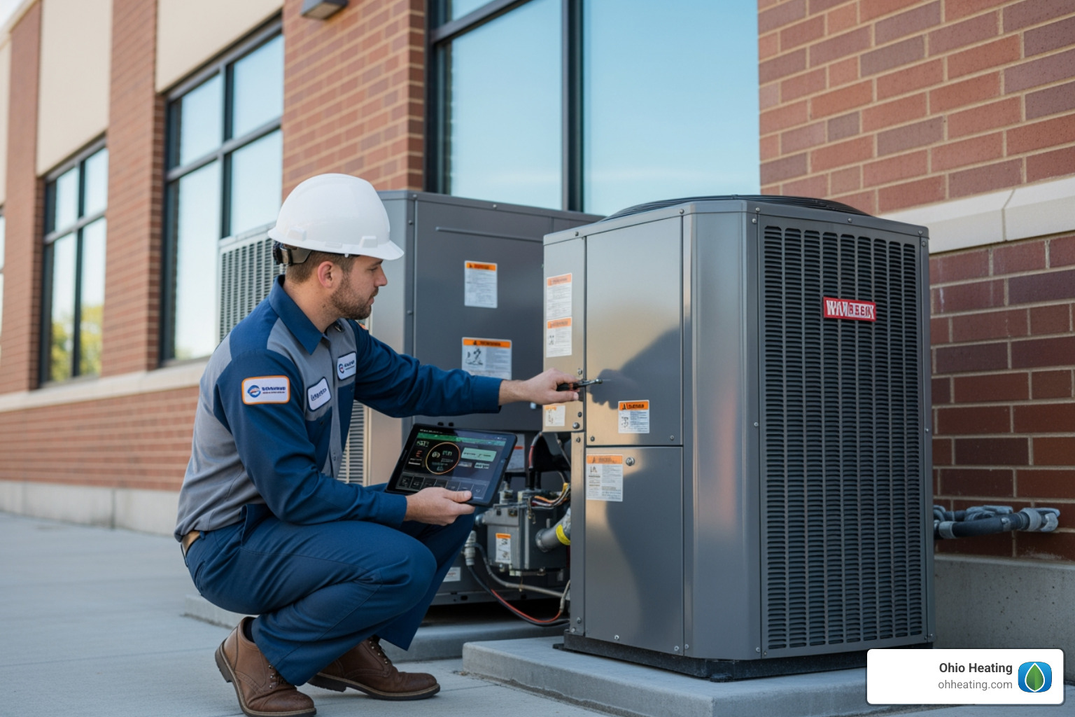 HVAC technician assessing a commercial building's exterior - Heating solutions for businesses HVAC technician assessing a commercial building's exterior - Heating solutions for businesses