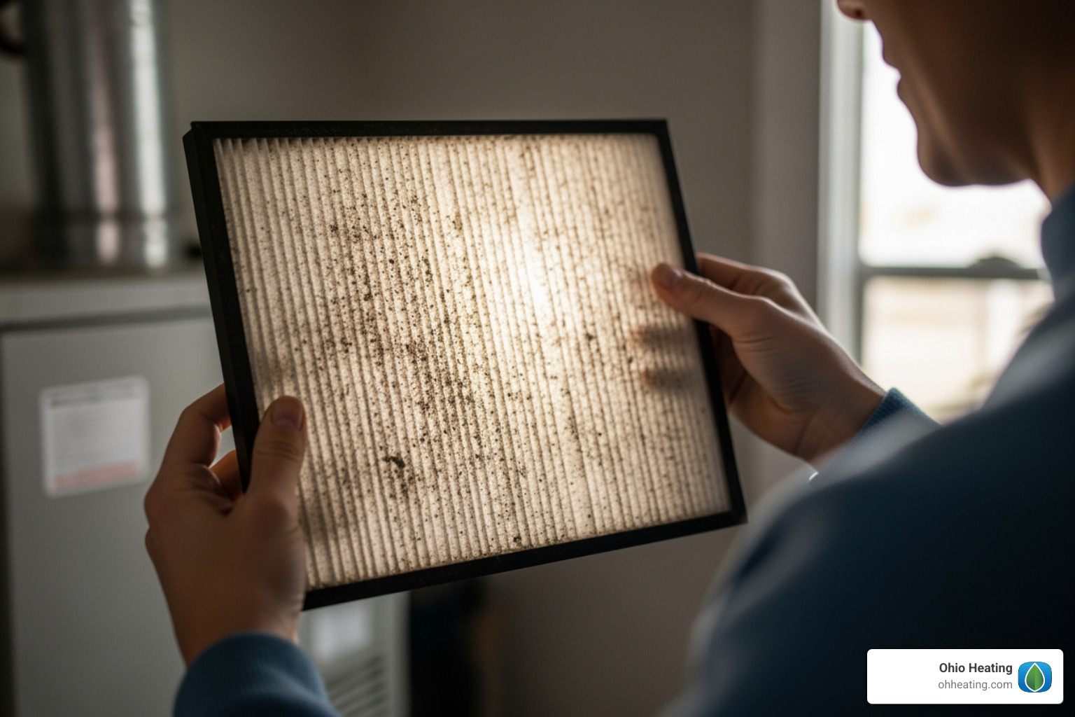 Homeowner holding a furnace filter up to a light to check for dirt - furnace filter replacement cost