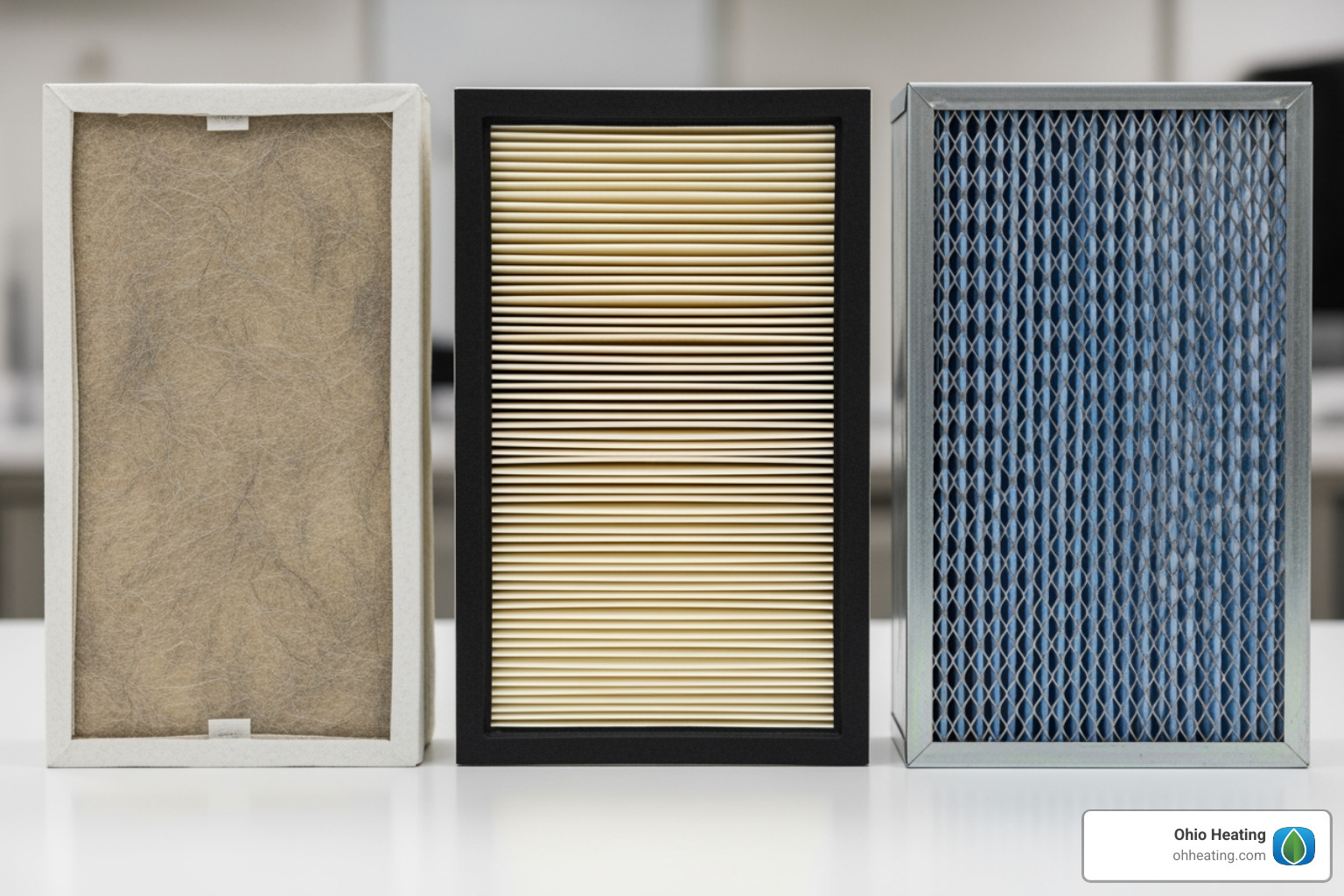 Different types of furnace filters side-by-side (fiberglass, pleated, electrostatic) - furnace filter replacement cost