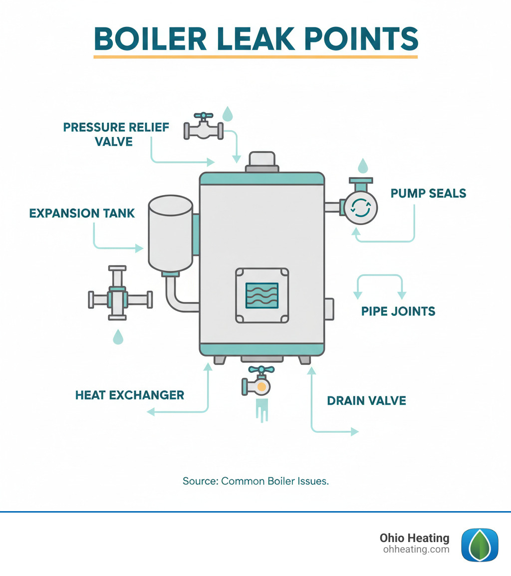 infographic showing boiler components and common leak points including pressure relief valve, pump seals, pipe joints, heat exchanger, drain valve, and expansion tank with arrows indicating where water typically escapes from each location - Boiler leaking repair infographic 