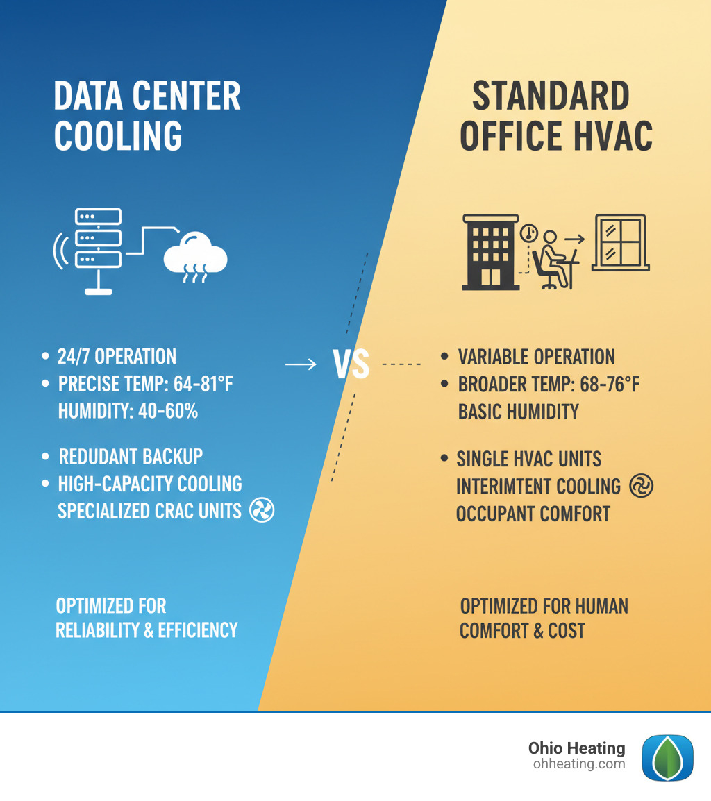 Infographic showing the difference between data center cooling requirements and standard commercial HVAC: Data centers require 24/7 operation with precise temperature control between 64-81°F, humidity levels of 40-60%, redundant backup systems, high-capacity cooling for constant heat loads, and specialized equipment like CRAC units, versus standard offices that need variable operation, broader temperature ranges of 68-76°F, basic humidity control, single HVAC units, and intermittent cooling for occupant comfort - Data center HVAC maintenance infographic 