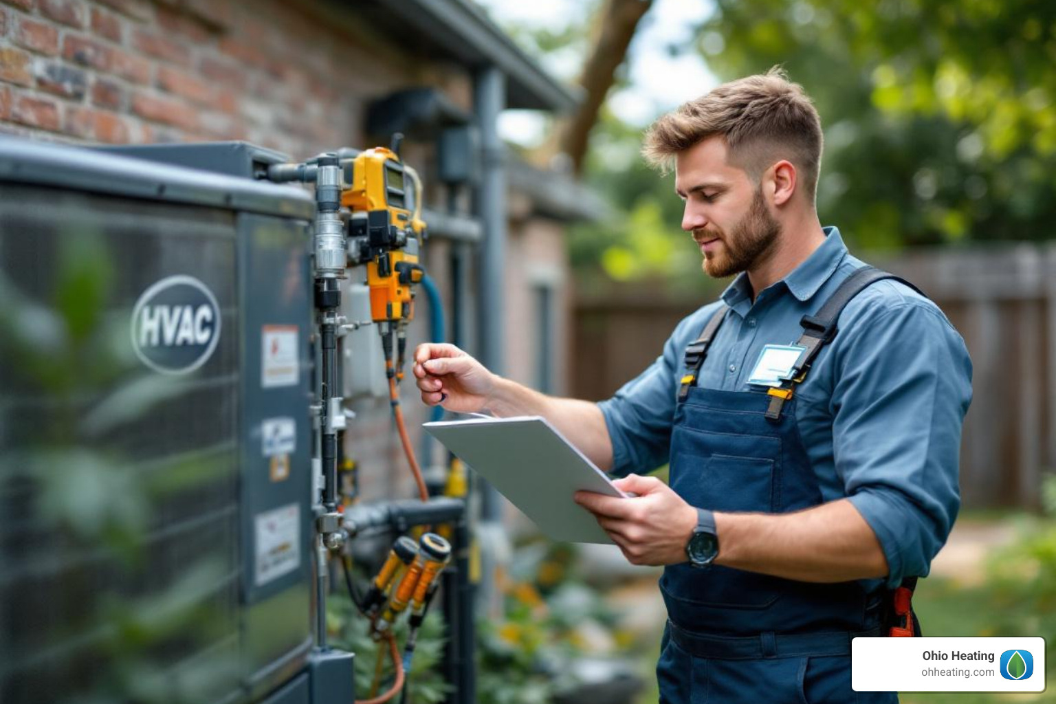 An HVAC technician with a checklist inspecting an AC unit - ac tuneup