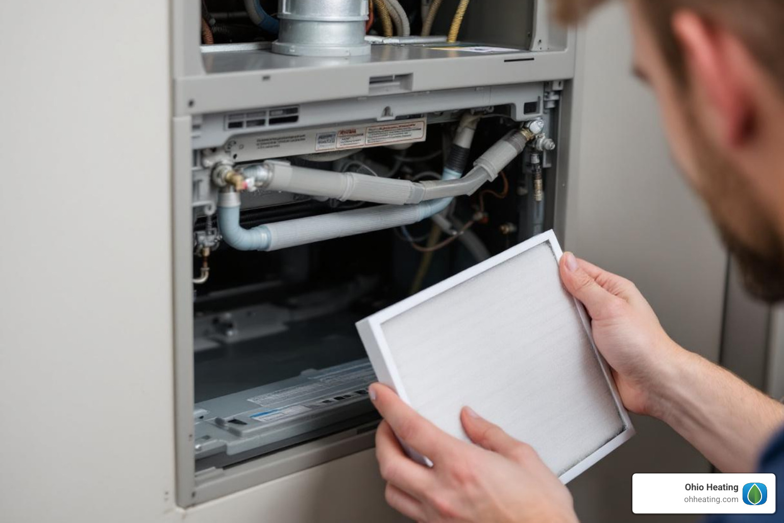 Person replacing a furnace filter - Forced air furnace maintenance Person replacing a furnace filter - Forced air furnace maintenance