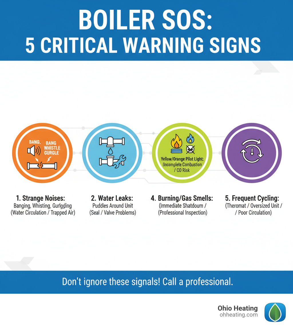 infographic showing the top 5 critical signs your boiler needs immediate attention: 1. Strange noises like banging, whistling, or gurgling indicating water circulation issues or trapped air, 2. Water leaks around the unit signaling seal or valve problems, 3. Yellow or orange pilot light flame instead of blue suggesting incomplete combustion and potential carbon monoxide risk, 4. Unusual gas or burning smells requiring immediate shutdown and professional inspection, 5. Frequent cycling on and off pointing to thermostat issues, oversized unit, or poor water circulation - Home boiler service infographic 