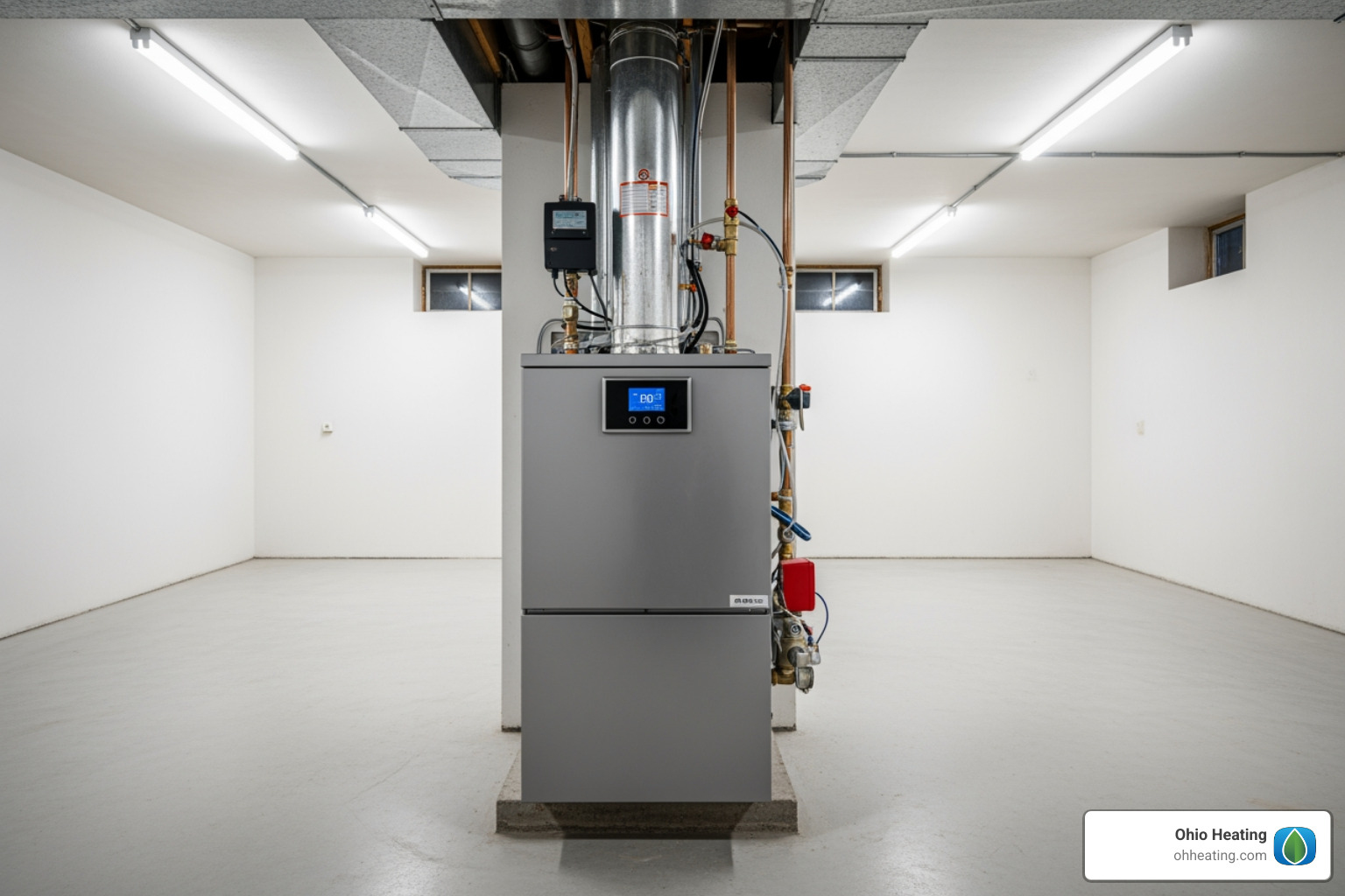 A brand new, high-efficiency boiler installed in a clean basement - Home boiler service
