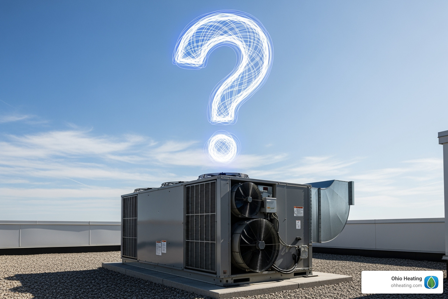 Image of a question mark over an HVAC unit - HVAC preventative maintenance plan Image of a question mark over an HVAC unit - HVAC preventative maintenance plan