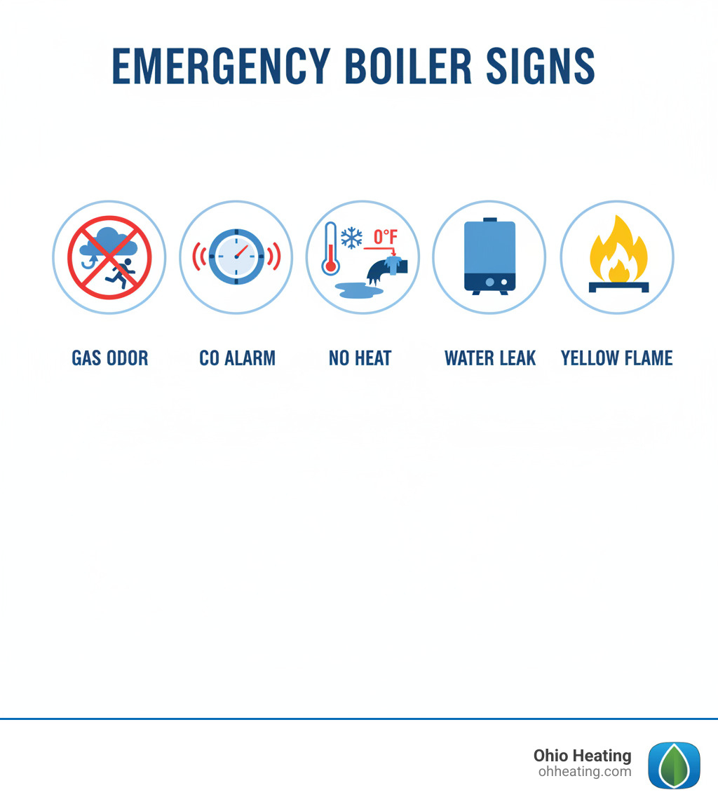 infographic showing five critical boiler emergency signs: gas odor with evacuation symbol, carbon monoxide detector alarm, thermometer showing freezing temperatures with no heat warning, water leak pooling around boiler unit, and yellow flame instead of blue flame - Emergency boiler repair infographic 