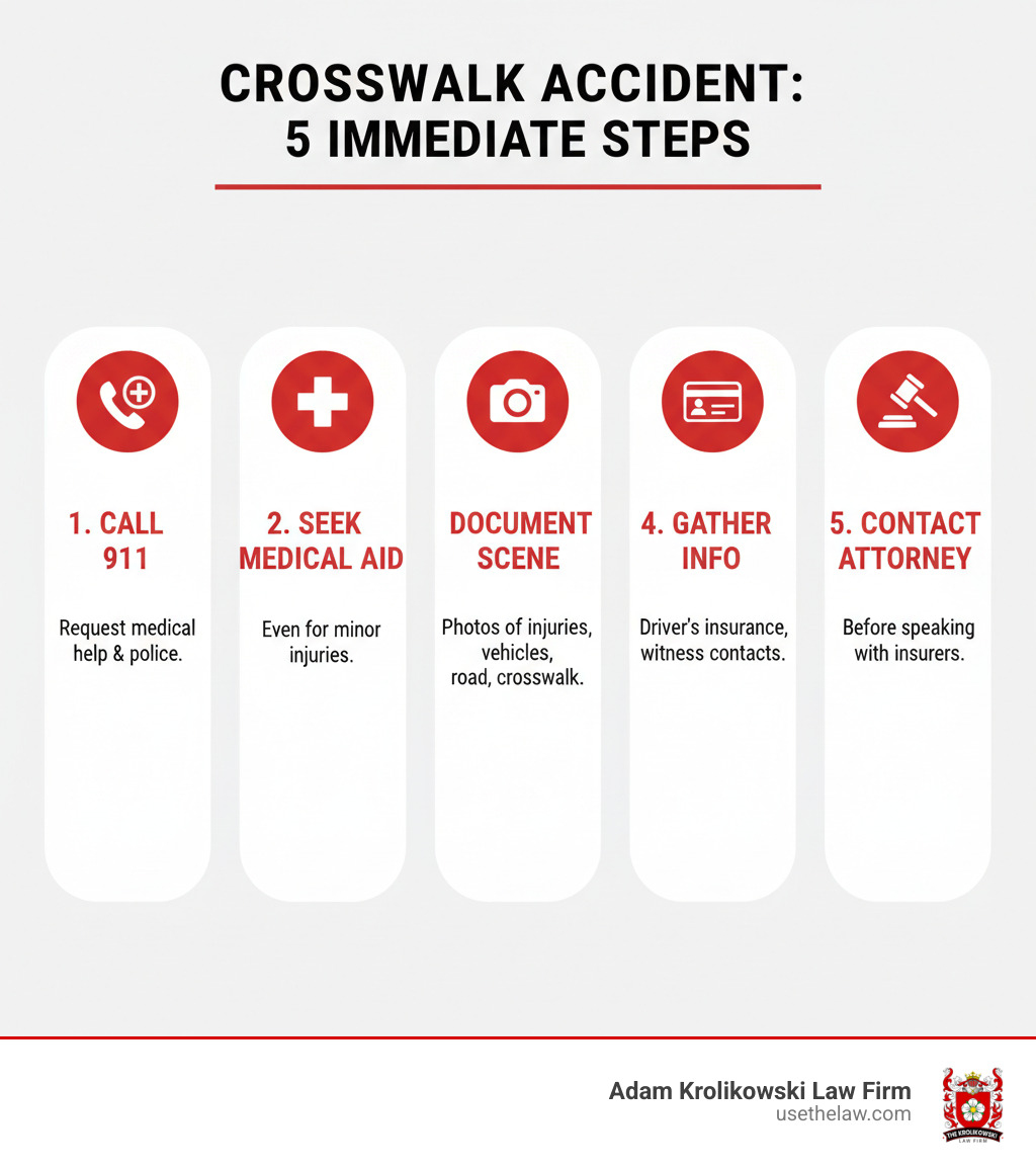 Infographic showing 5 immediate steps after a crosswalk accident: 1. Call 911 and request medical help and police, 2. Seek immediate medical evaluation even if injuries seem minor, 3. Document the scene with photos of your injuries, vehicle damage, road conditions, and crosswalk, 4. Collect driver's insurance information and contact details from witnesses, 5. Contact a crosswalk accident attorney before speaking with insurance adjusters - crosswalk accident attorney infographic 
