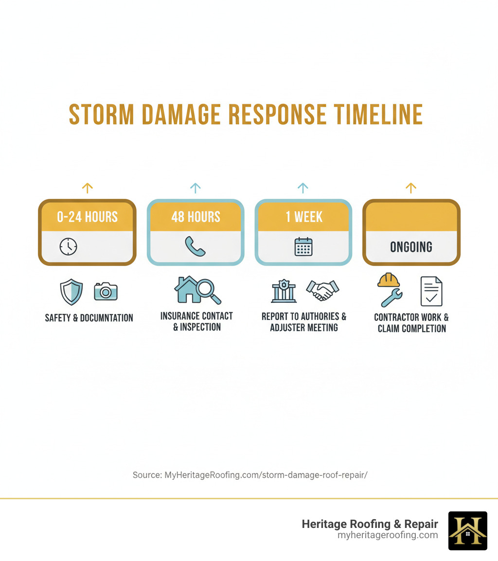 Infographic showing the timeline of storm damage response: 0-24 hours for safety and documentation, 48 hours for insurance contact and inspection, 1 week for reporting to authorities and adjuster meeting, and ongoing contractor work and claim completion before deadlines - local storm damage infographic 