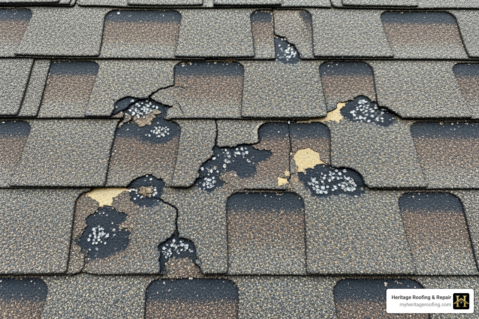 hail damage on asphalt shingles, showing dents and granule loss - local storm damage