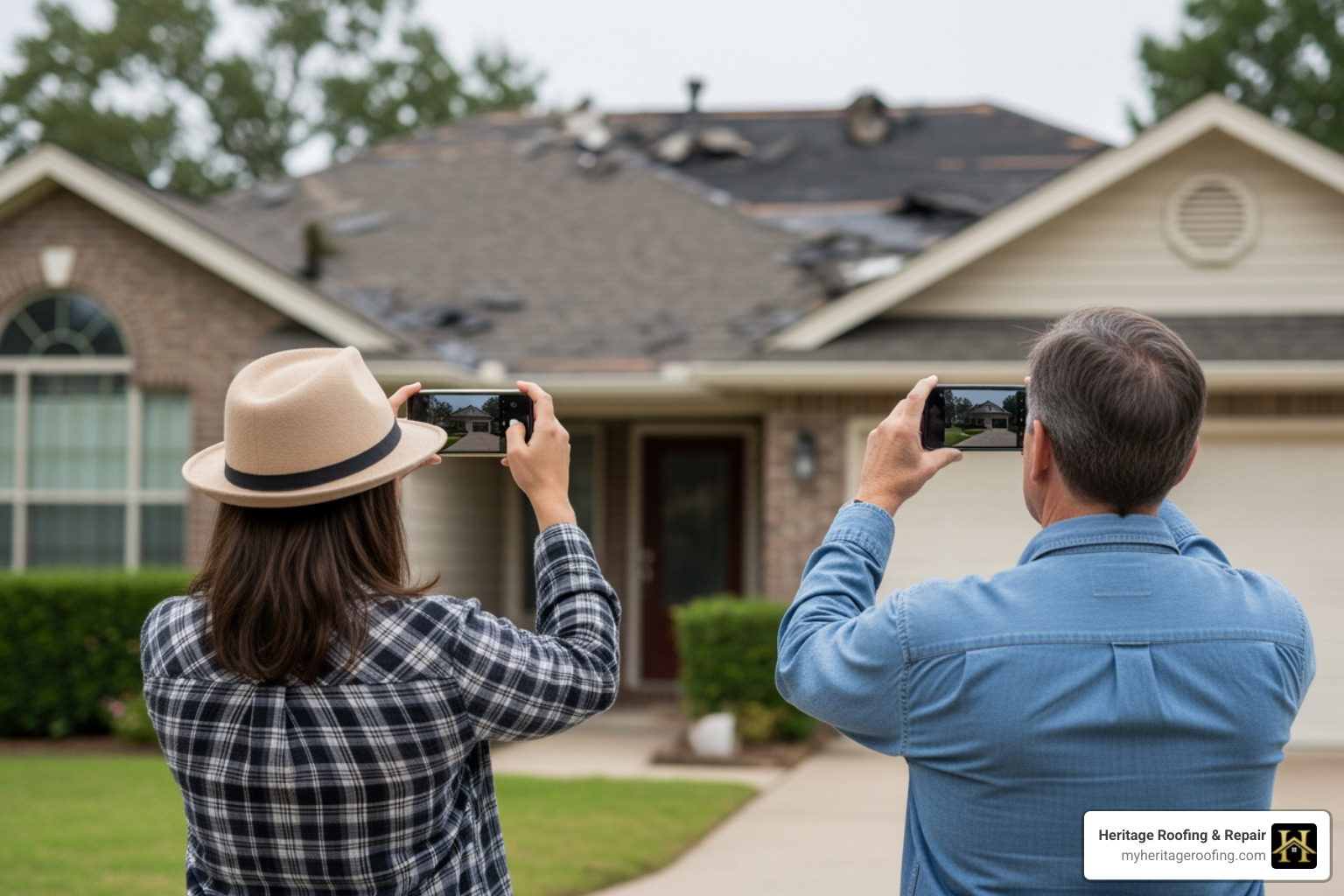 homeowner safely taking photos of a damaged roof from the ground - local storm damage