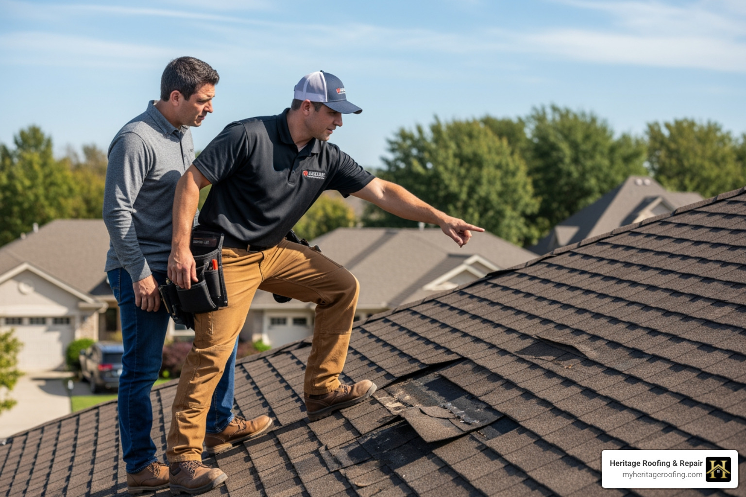 roofing contractor inspecting a roof with a homeowner - local storm damage