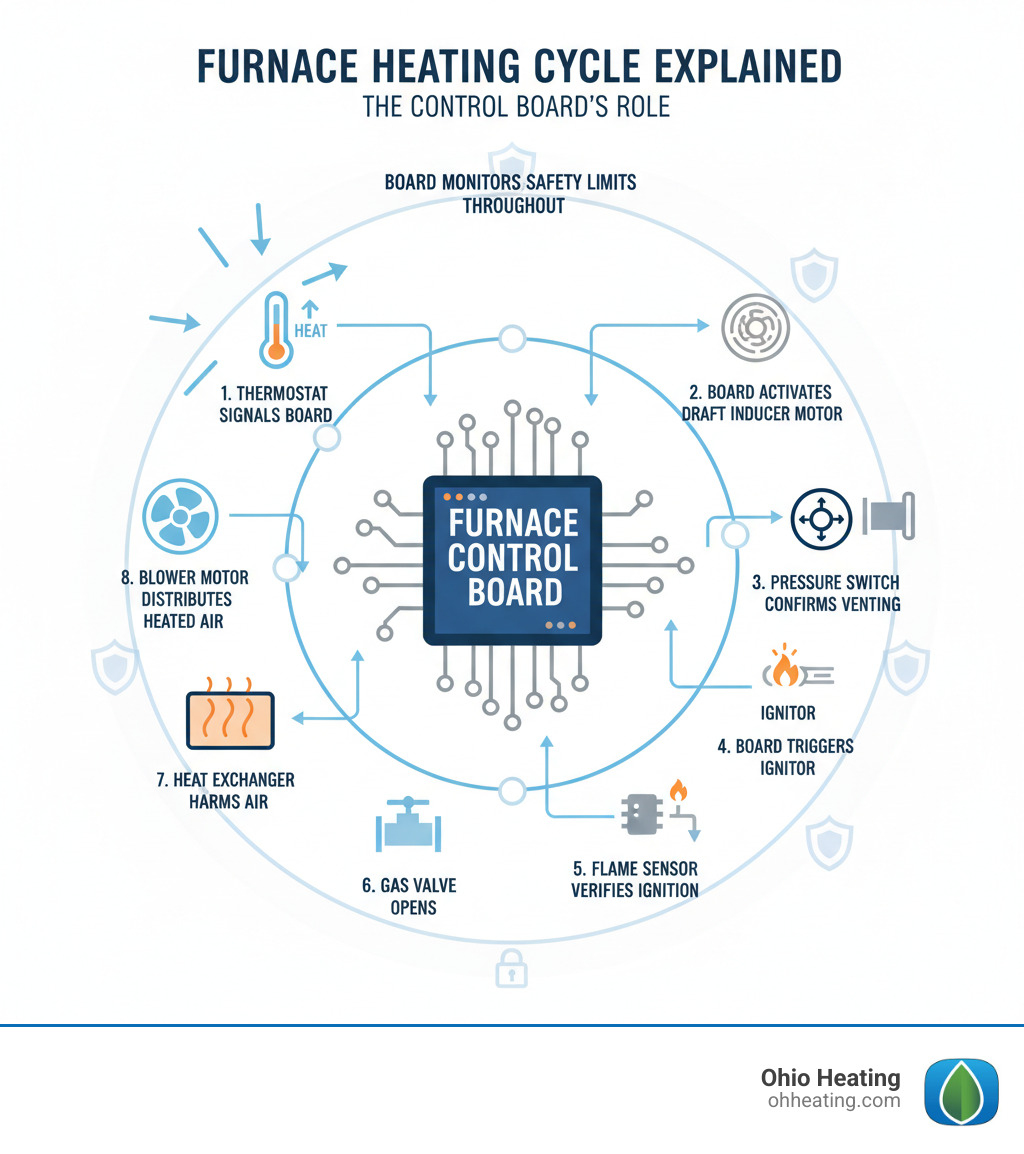Infographic showing the furnace control board's role in the heating cycle: thermostat signals board, board activates draft inducer motor, pressure switch confirms proper venting, board triggers ignitor, flame sensor verifies ignition, gas valve opens, heat exchanger warms air, blower motor distributes heated air throughout building, board monitors safety limits throughout entire process - furnace control board replacement infographic 