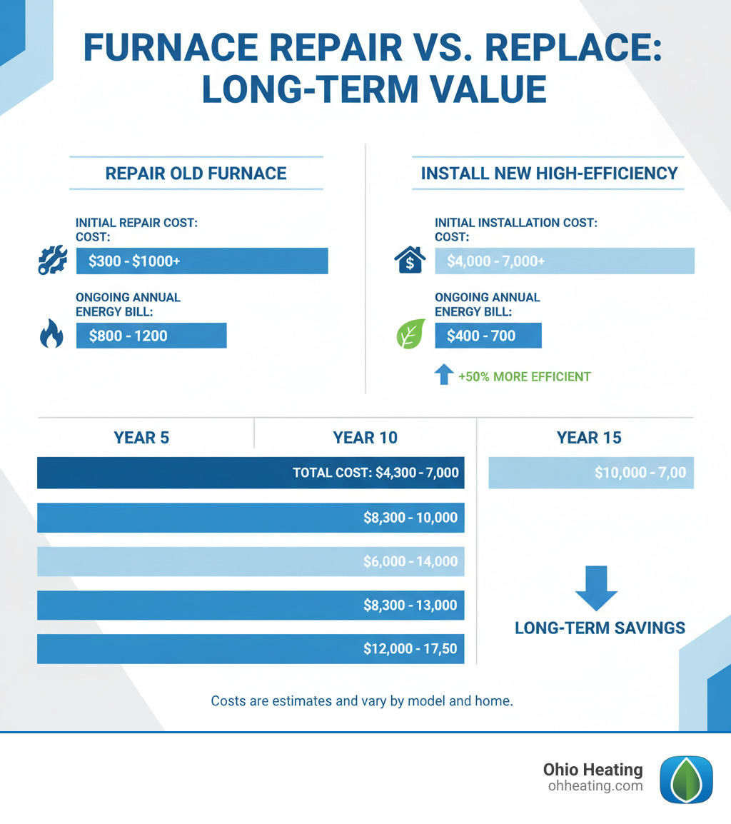 Infographic comparing the long-term costs and benefits of repairing an older furnace versus installing a new high-efficiency model, showing initial repair costs, ongoing energy bills, and total cost of ownership over 5, 10, and 15 years for both options - furnace repair galena oh infographic Infographic comparing the long-term costs and benefits of repairing an older furnace versus installing a new high-efficiency model, showing initial repair costs, ongoing energy bills, and total cost of ownership over 5, 10, and 15 years for both options - furnace repair galena oh infographic