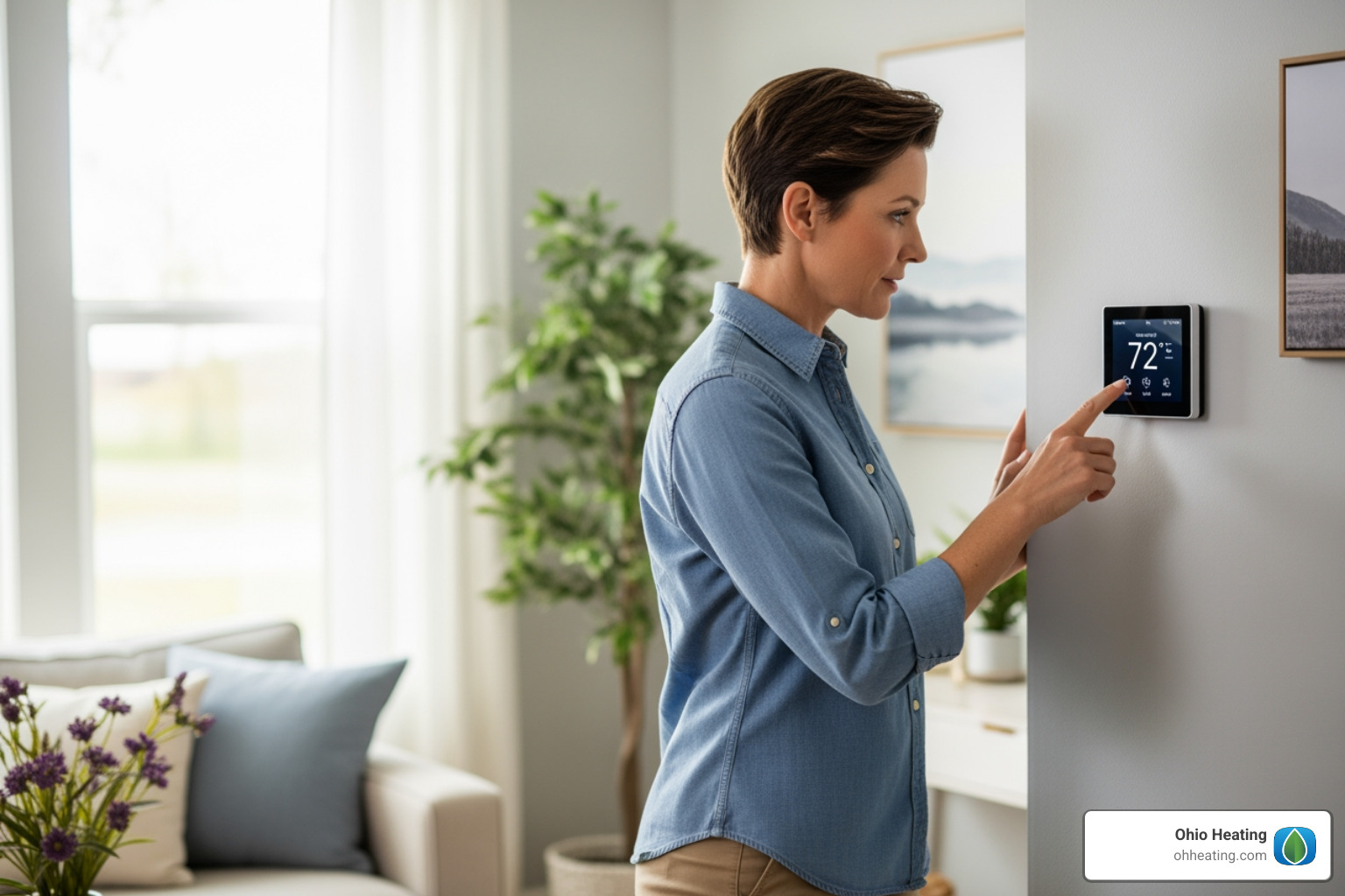 Homeowner checking thermostat - furnace repair galena oh Homeowner checking thermostat - furnace repair galena oh