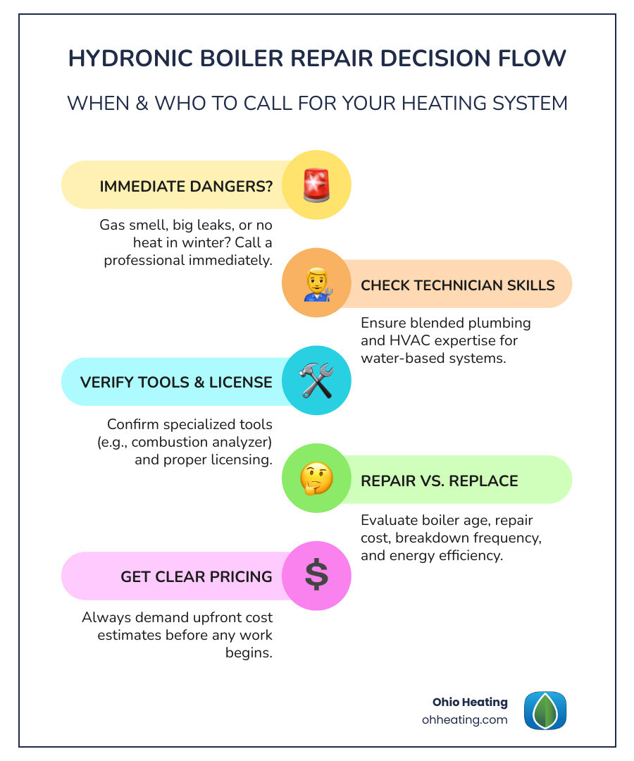infographic showing the decision tree for hydronic boiler repair: first check if issue requires immediate professional help (gas smell, major leak, no heat), then verify if technician has both plumbing and HVAC expertise, specialized tools, and proper licensing, followed by cost comparison of repair versus replacement based on age and efficiency - Hydronic boiler repair infographic infographic-line-5-steps-colors