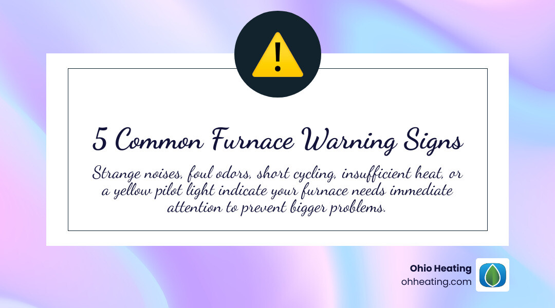 Infographic showing the 5 most common furnace warning signs: 1. Strange noises like squealing or grinding indicating worn belts or motor issues, 2. Foul odors such as burning smells or musty scents suggesting mold or overheating, 3. Short cycling where the furnace turns on and off rapidly pointing to thermostat or airflow problems, 4. Insufficient or uneven heat throughout the building signaling blower or ductwork issues, 5. Yellow pilot light instead of blue indicating incomplete combustion and potential carbon monoxide risk - furnace repair concord oh infographic simple-emoji-landscape-beauty