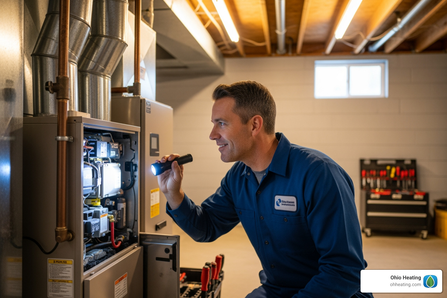 Trusted HVAC technician inspecting a furnace in a residential basement - furnace repair concord oh