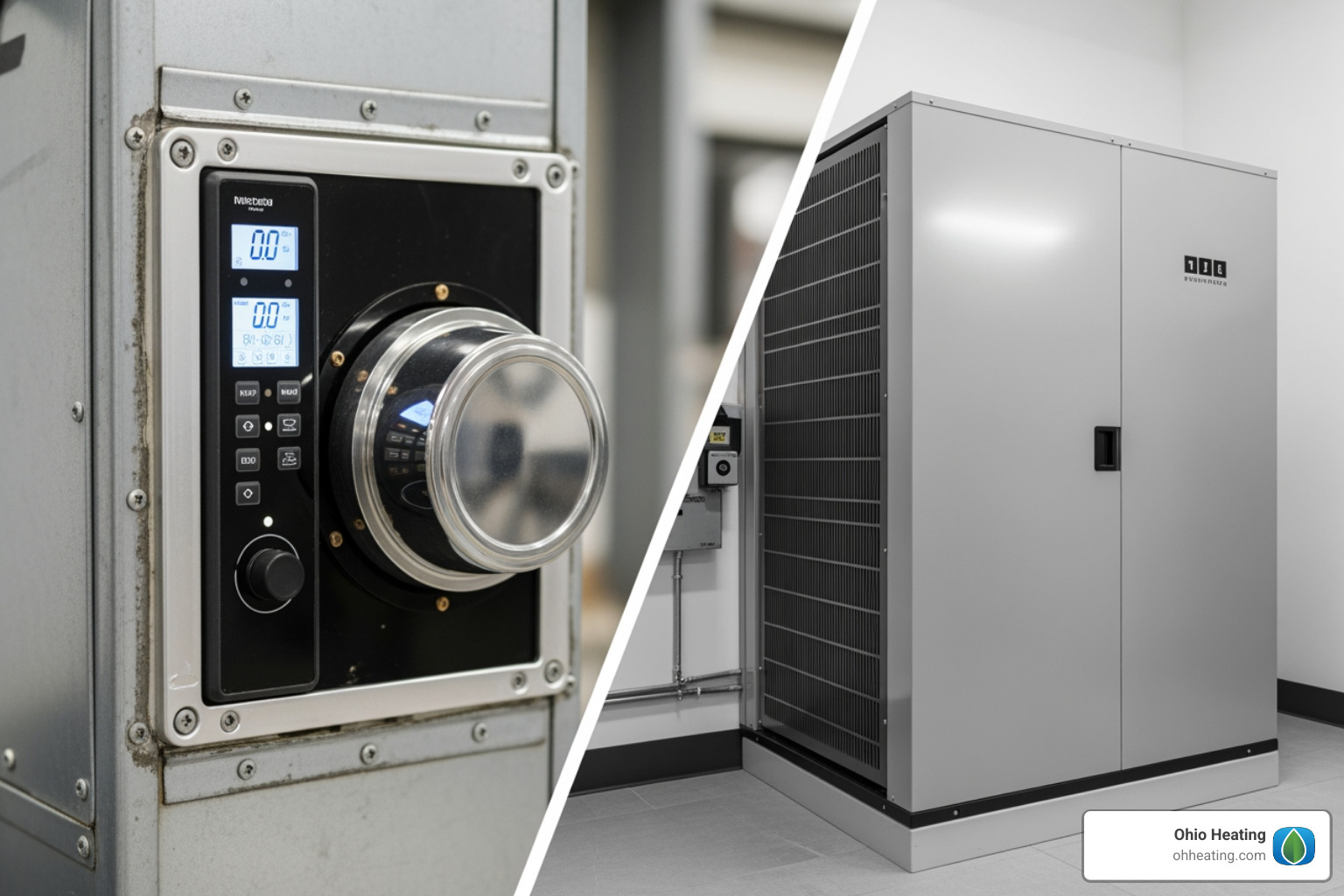 split-screen showing a retrofitted component on one side and a brand new system on the other - Commercial HVAC system upgrades split-screen showing a retrofitted component on one side and a brand new system on the other - Commercial HVAC system upgrades