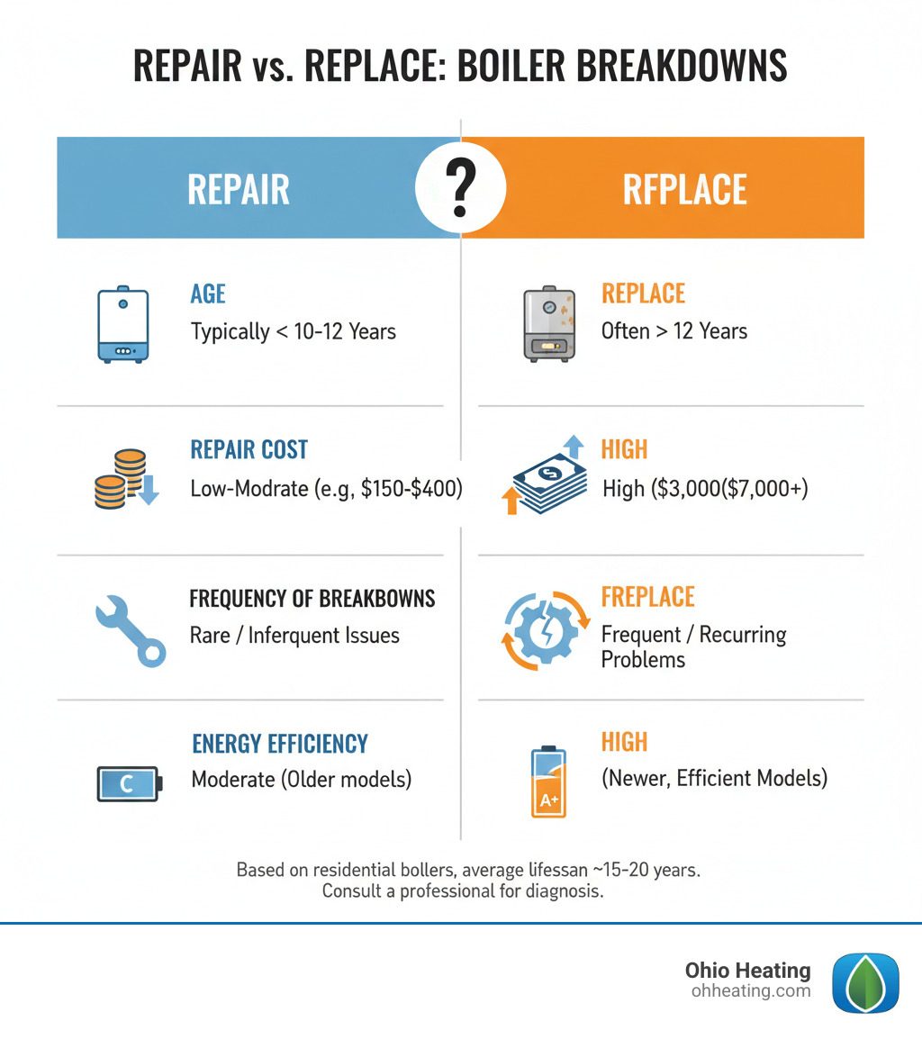 Table comparing Repair vs. Replace based on Age, Repair Cost, Frequency of Breakdowns, and Energy Efficiency - Affordable boiler repair infographic 
