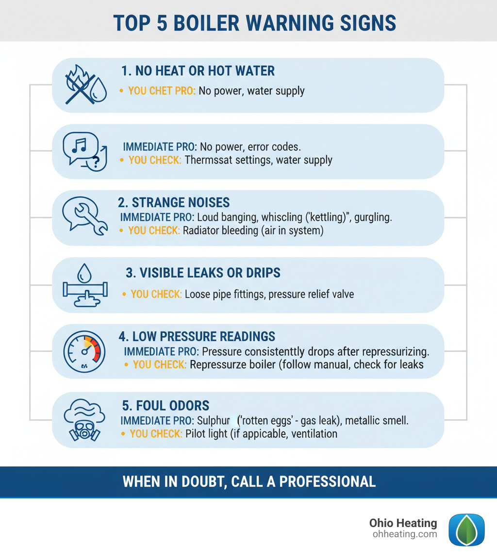 Infographic showing the top 5 boiler warning signs: 1) No heat or hot water production, 2) Strange noises like kettling or gurgling sounds, 3) Visible leaks or drips around the unit, 4) Low pressure readings on the gauge, 5) Foul odors including gas or metallic smells. Each warning sign includes when to call for immediate professional help versus what you can check yourself. - Affordable boiler repair infographic 