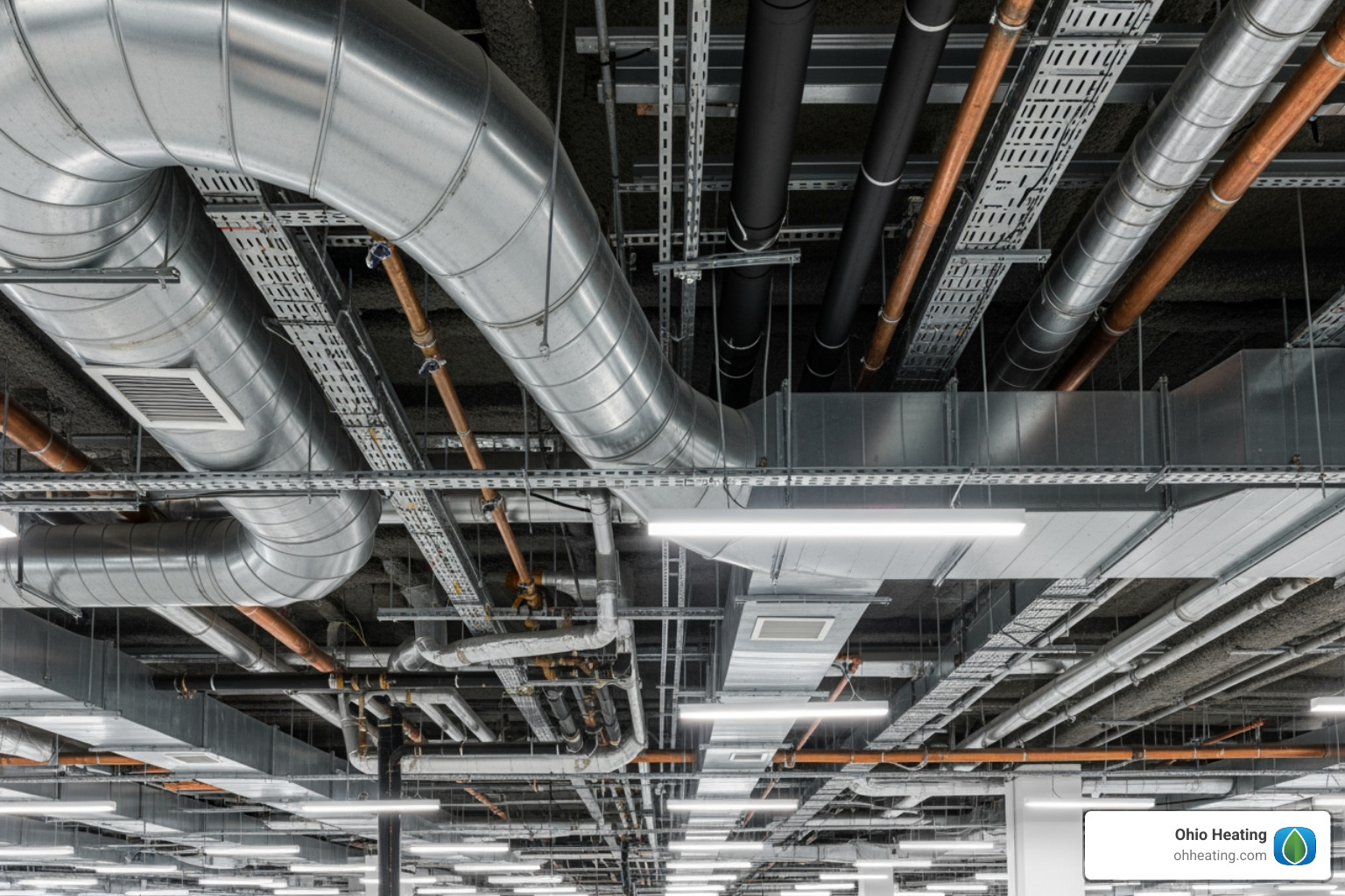 complex ductwork inside a large building - HVAC for large buildings