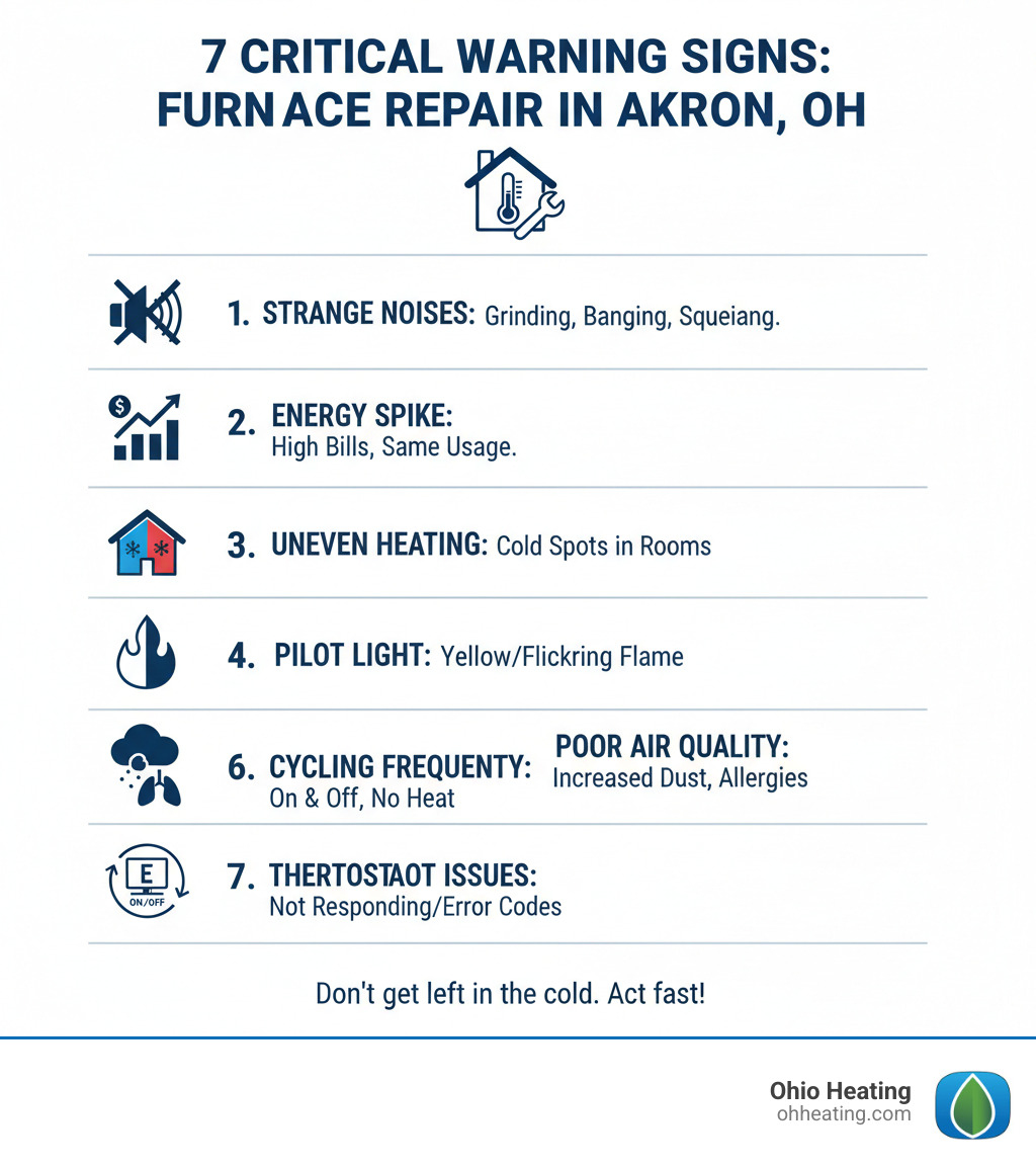 Infographic showing 7 critical warning signs your furnace needs immediate repair in Akron, OH: 1) Strange grinding, banging, or squealing noises from the unit, 2) Sudden spike in energy bills without increased usage, 3) Uneven heating with cold spots in different rooms, 4) Yellow or flickering pilot light instead of steady blue flame, 5) Increased dust and poor indoor air quality, 6) Furnace cycling on and off frequently without reaching set temperature, 7) Thermostat not responding or displaying error codes - akron oh furnace repair infographic 