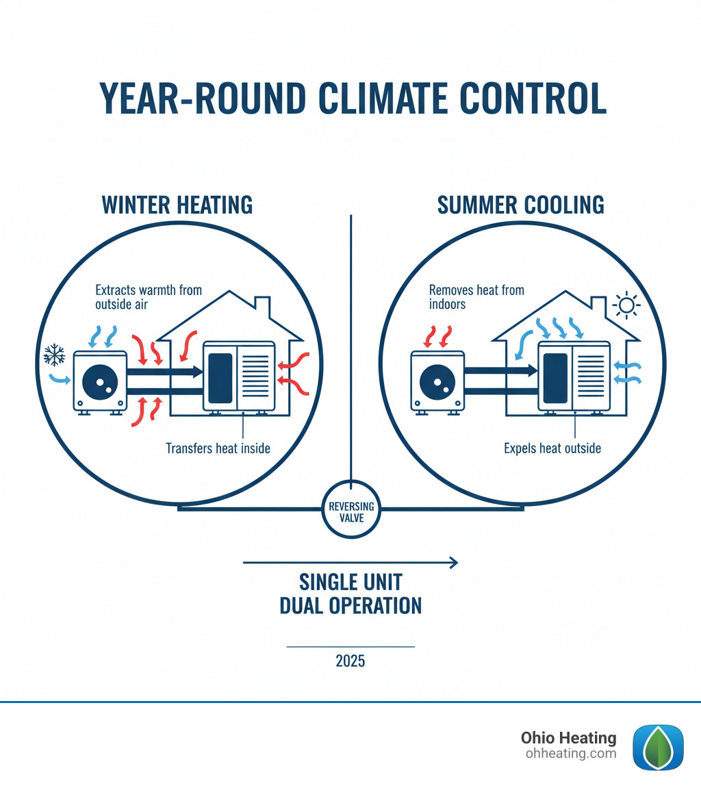 Infographic showing heat pump dual operation: In winter, heat pump extracts warmth from outdoor air and transfers it inside through refrigerant cycle; in summer, process reverses to remove heat from indoors and expel it outside; central reversing valve enables year-round climate control from single unit - Heat pump service Columbus infographic Infographic showing heat pump dual operation: In winter, heat pump extracts warmth from outdoor air and transfers it inside through refrigerant cycle; in summer, process reverses to remove heat from indoors and expel it outside; central reversing valve enables year-round climate control from single unit - Heat pump service Columbus infographic