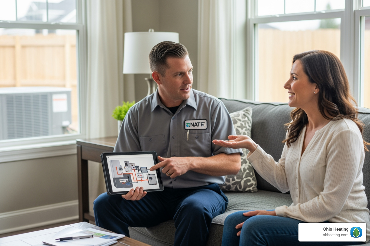 of a NATE-certified technician consulting with a homeowner - Heat pump service Columbus of a NATE-certified technician consulting with a homeowner - Heat pump service Columbus