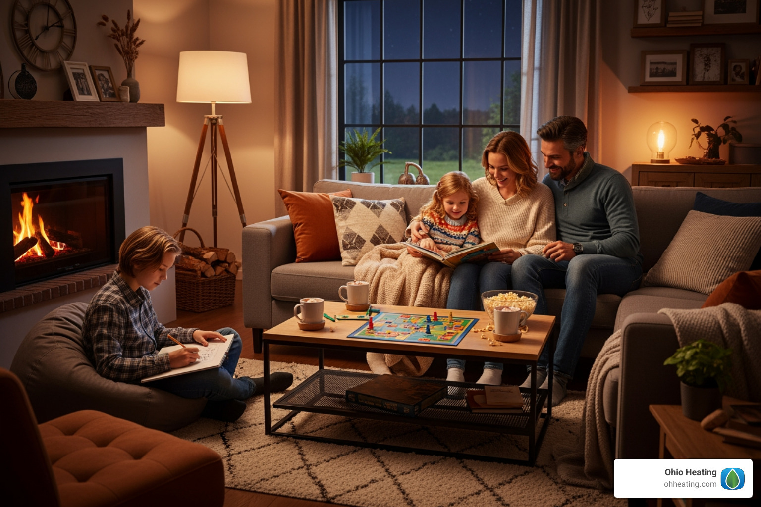 of a family enjoying a comfortable living room in their Columbus home - Heat pump service Columbus of a family enjoying a comfortable living room in their Columbus home - Heat pump service Columbus