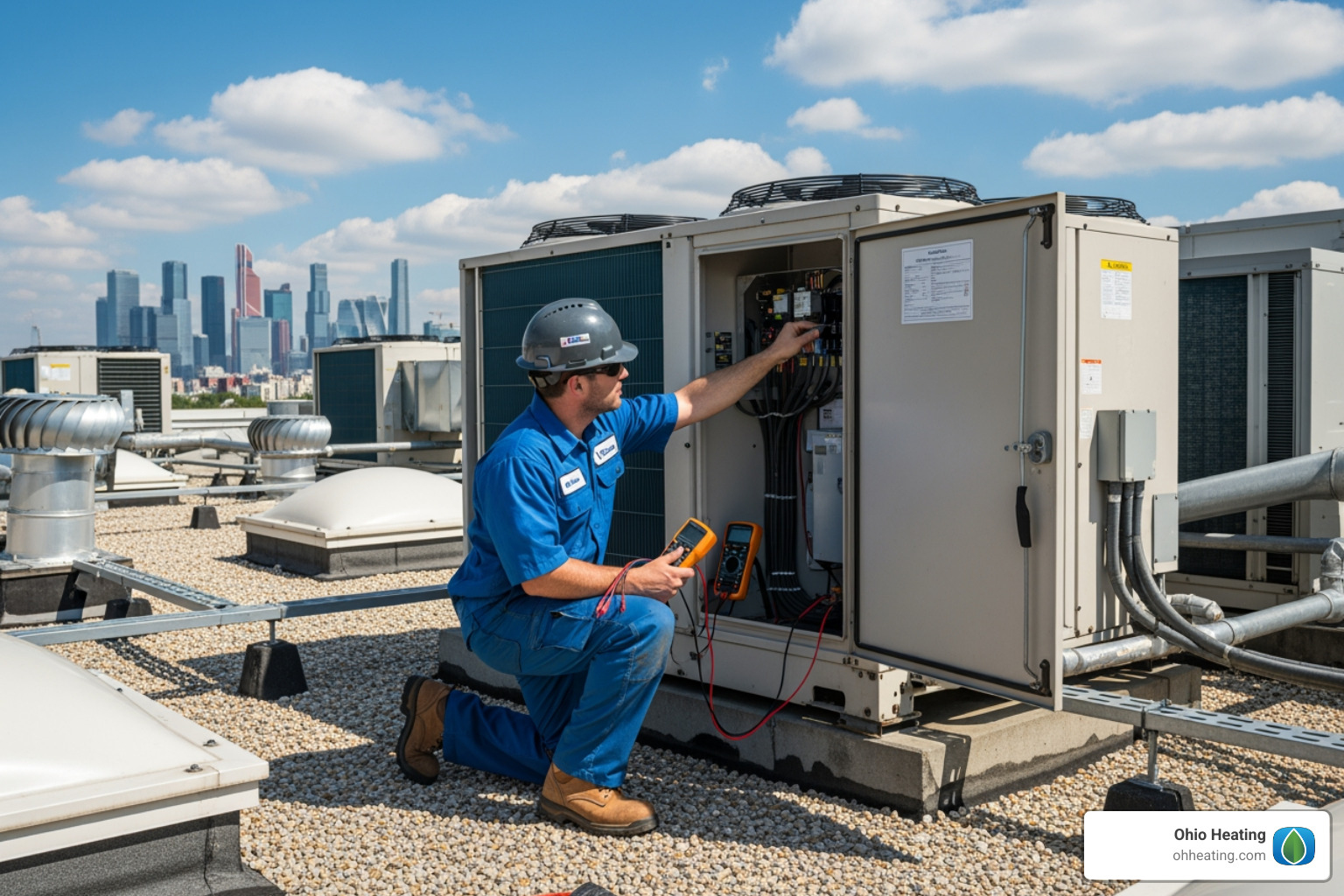 technician inspecting commercial AC unit - Commercial AC repair Columbus