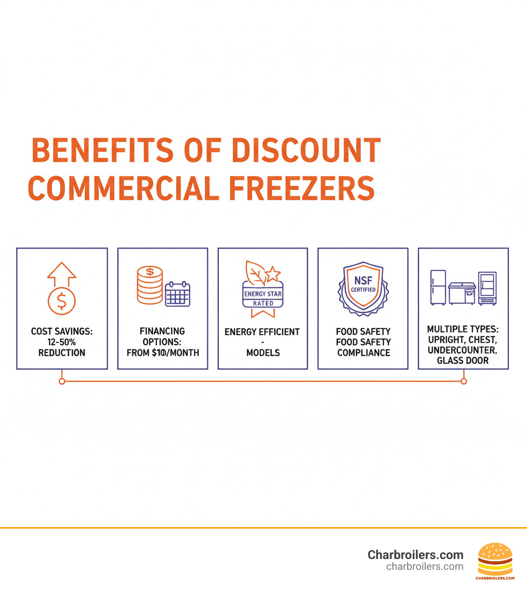 infographic showing benefits of discount commercial freezers including cost savings of 12-50%, financing options starting at $100 per month, energy efficient models with Energy Star ratings, NSF certified for food safety, and multiple types available including upright, chest, undercounter and glass door models - discount commercial freezer infographic 