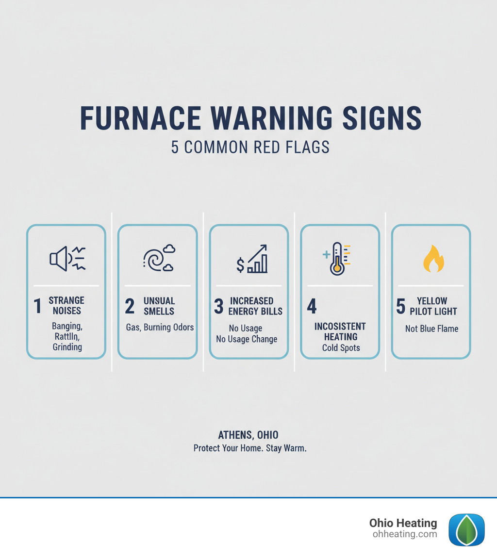 Infographic showing the 5 most common furnace warning signs: 1) Strange noises like banging, rattling, or grinding 2) Unusual smells including gas or burning odors 3) Increased energy bills without usage changes 4) Inconsistent heating or cold spots 5) Yellow pilot light instead of blue flame - furnace repair athens oh infographic 
