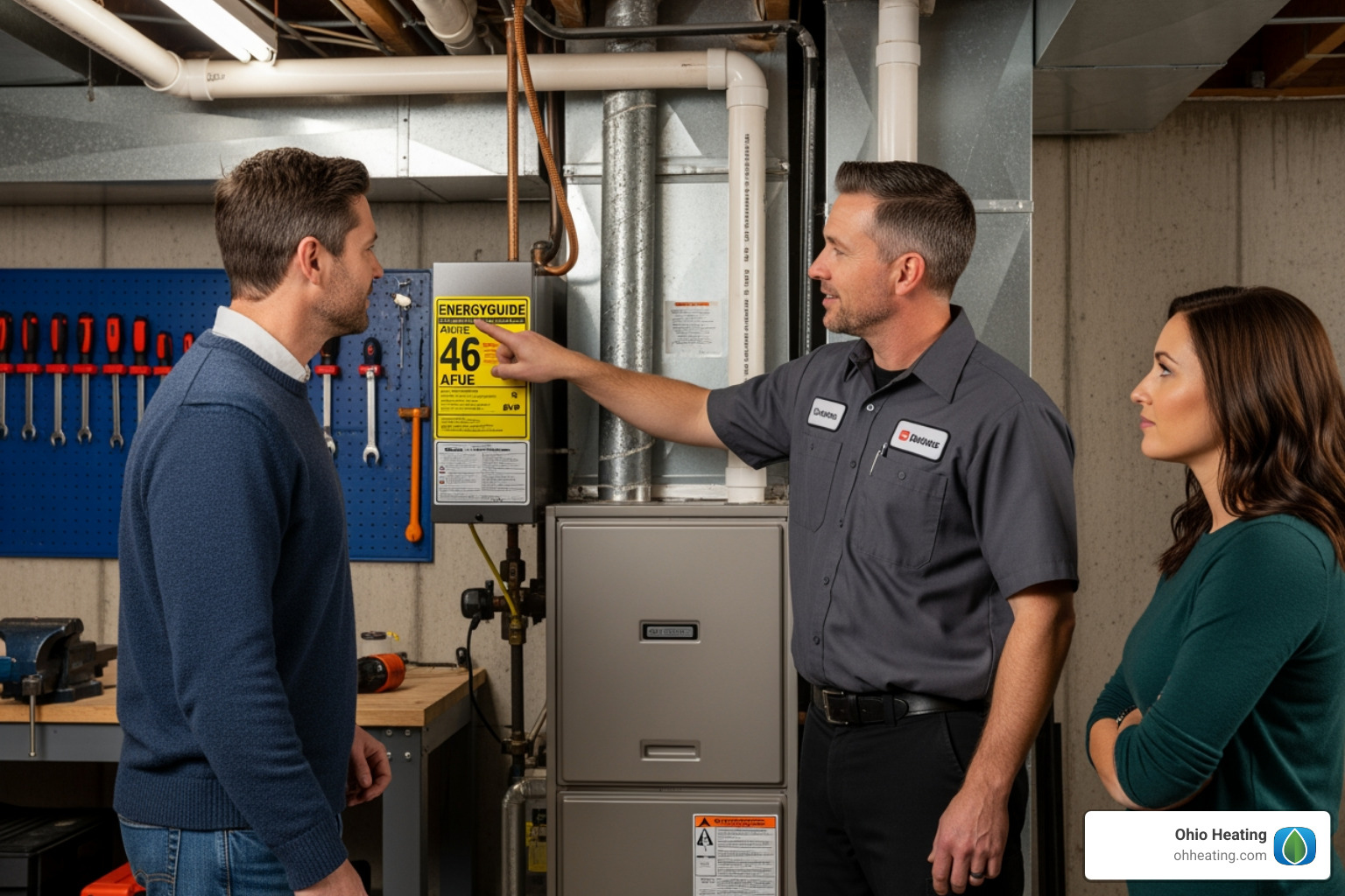 A technician pointing to the AFUE rating sticker on a new furnace while explaining its significance to a homeowner. - furnace repair athens oh