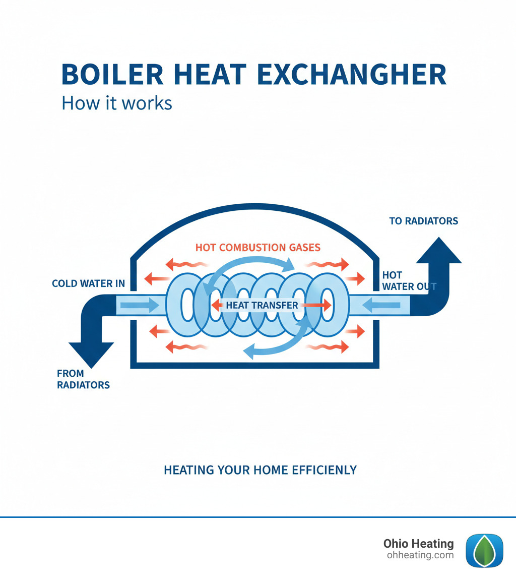 infographic showing hot combustion gases flowing around coiled pipes containing water, with arrows indicating heat transfer through pipe walls to heat the water for circulation through radiators - Boiler heat exchanger infographic 