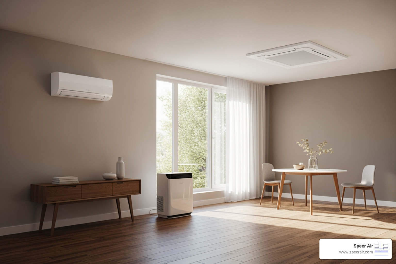 Image showing different indoor unit styles: wall-mounted, floor-mounted, and ceiling cassette mini-split units. - mini split installation denville Image showing different indoor unit styles: wall-mounted, floor-mounted, and ceiling cassette mini-split units. - mini split installation denville