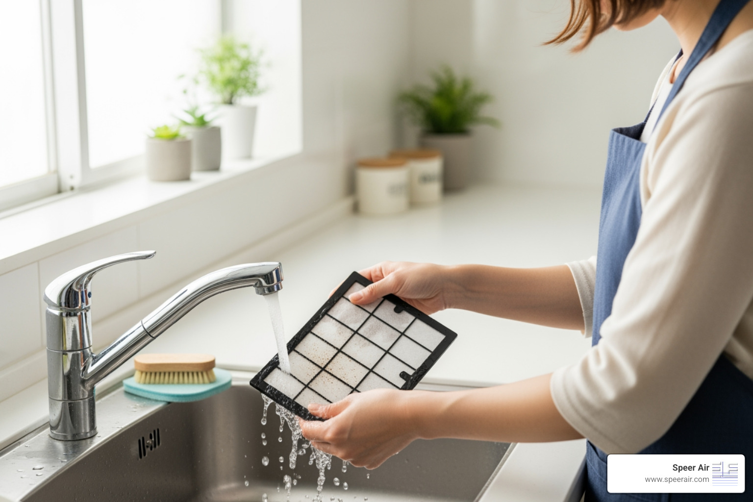 Image of a homeowner cleaning a mini-split filter, emphasizing easy maintenance. - mini split installation denville Image of a homeowner cleaning a mini-split filter, emphasizing easy maintenance. - mini split installation denville